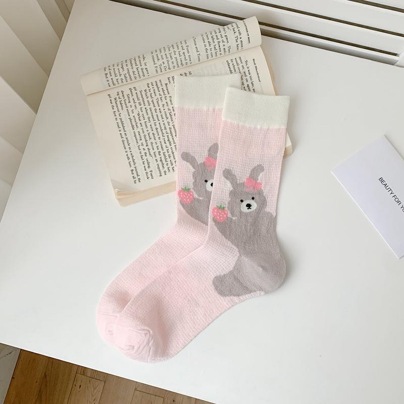 Pink And White Socks Women'S Summer Mesh Hollow Cool Tube Socks Women'S Stacking Socks Cute Strawberry Girl Socks