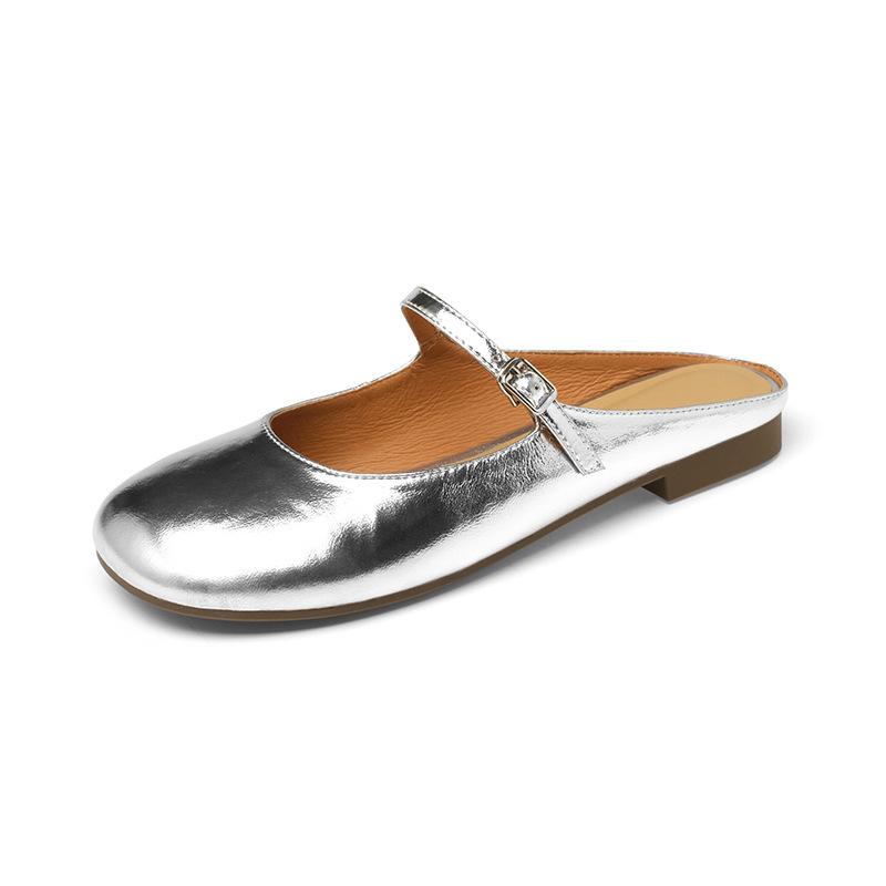 6.18 Leather Flat Shoes Bag Head Mary Jane Cool Flat Heel Drag Silver Slippers Women's Shoes Breathable Outside Summer