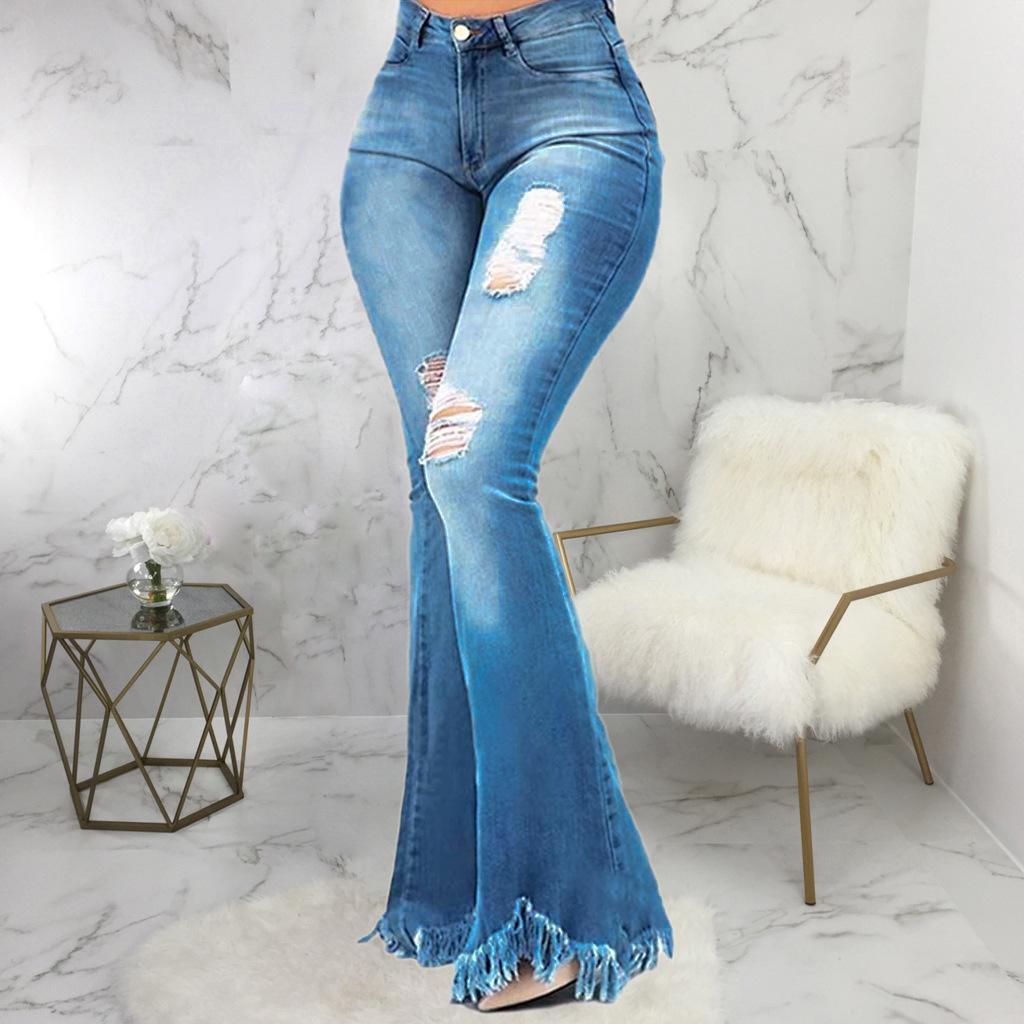 Sexy and Versatile Fashion Slim Fit Ripped Denim Flared Pants for European and American Ladies