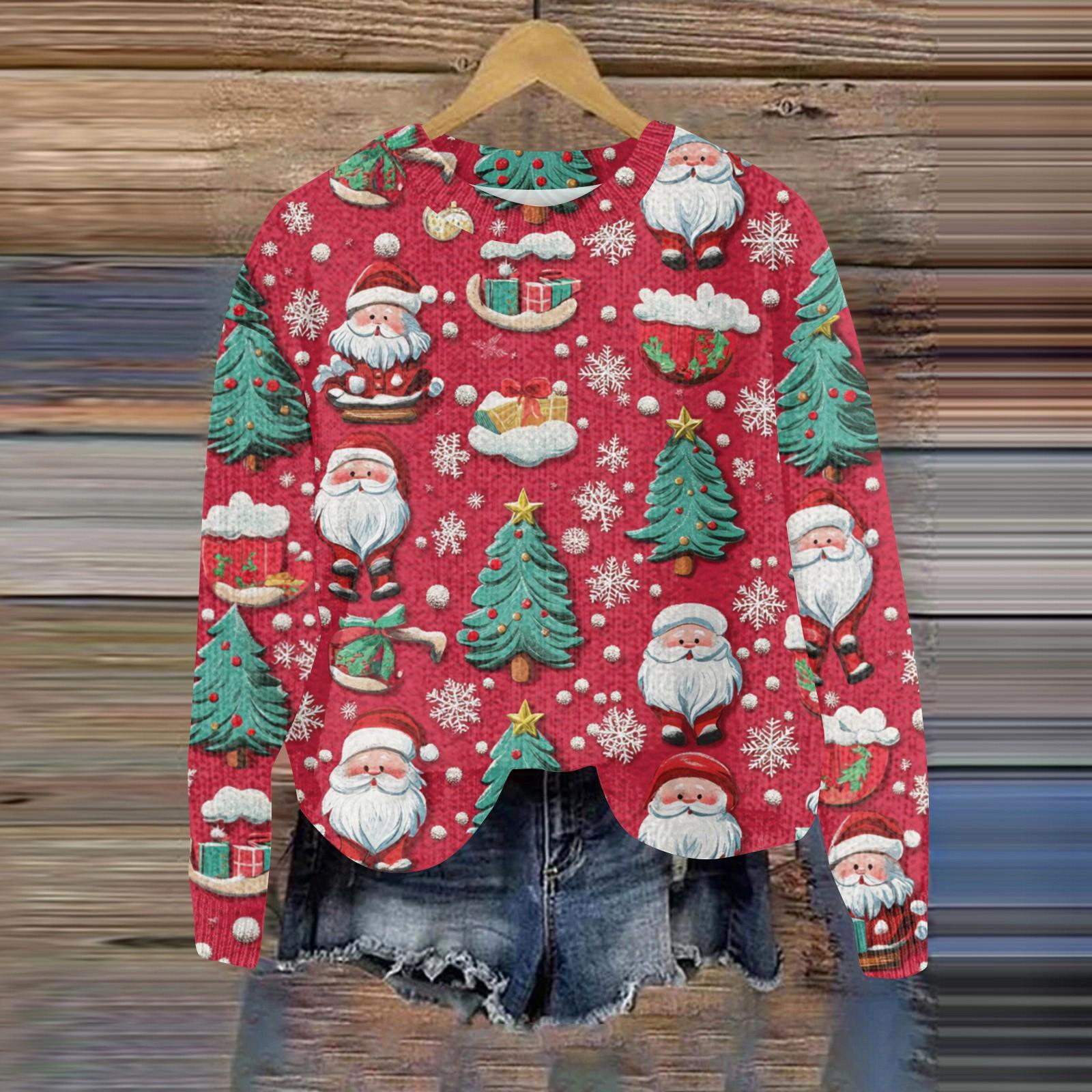 

Рождественские толстовки для женщин Вязаный свитер Милая рубашка Осенний свитер с круглым вырезом Топы XL арбуз красный