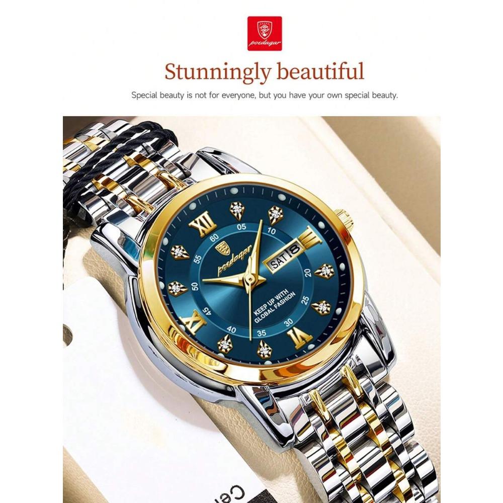 POEDAGAR Damen Edelstahl Dail Elegante Wasserdichte Leuchtende Quarz Datum Armbanduhren, Modische Damenuhr