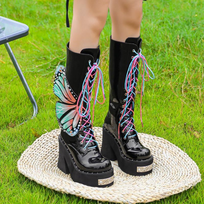 Fashion Women's Dark Platform Locomotive Boot Punk Style Knee Boot Fashion Colored Wings Butterfly Mid Boot Women Tide Boots Boats Mujer