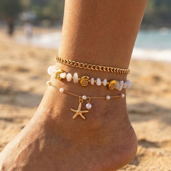 Summer Multilayer Stacked Rice Bead Ankle Chains For Women Boho Starfish Shell Conch Foot Chain Daily Beach Party Foot Jewelry