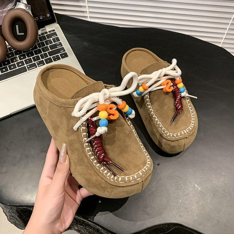 Niche design sense lace-up Birkenstock slippers women's fashion and comfort retro thick-soled half slippers women's 2025 spring and autumn new models