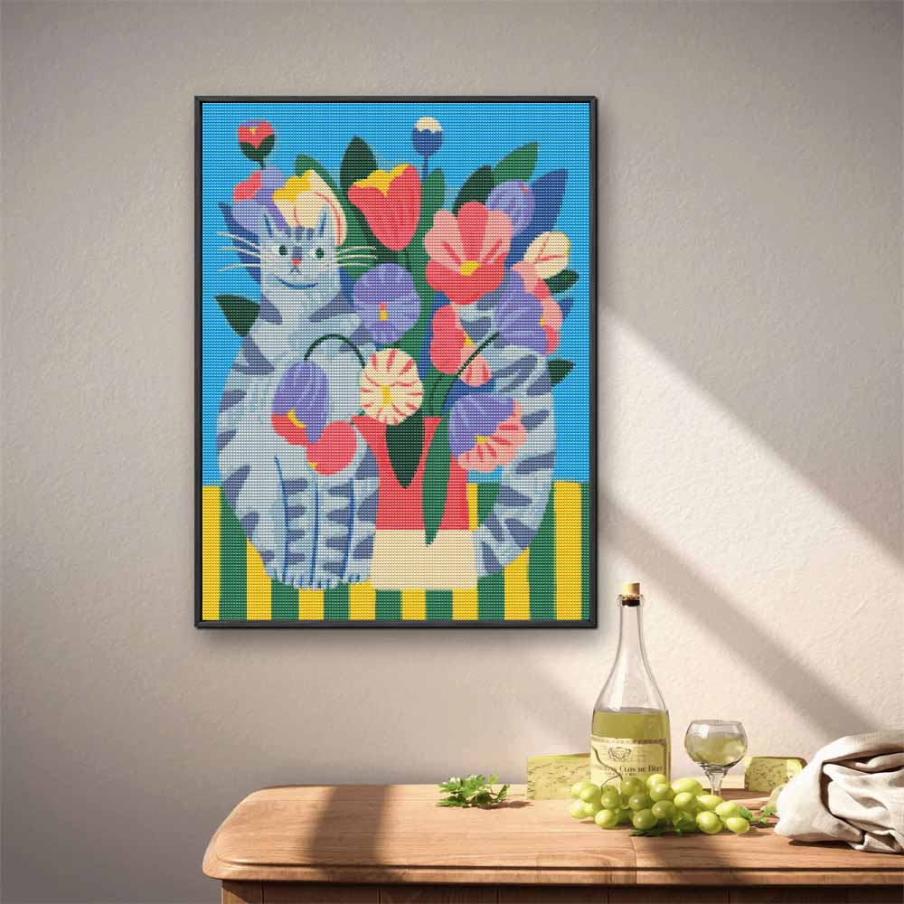 DIY 5D Diamond Art Kit Cute Cat and Flower Vase Pattern Full Drill Canvas Creative Craft for Modern Living Room Decor