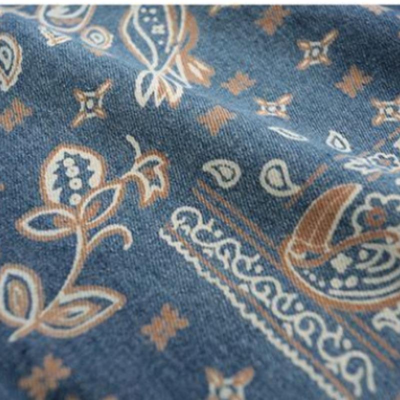 Ensemble Denim Grande Taille à Col Montant, Splicing Style Ethnique Femme, Ensemble Jean Deux Pièces Boucle Ample et Tendance