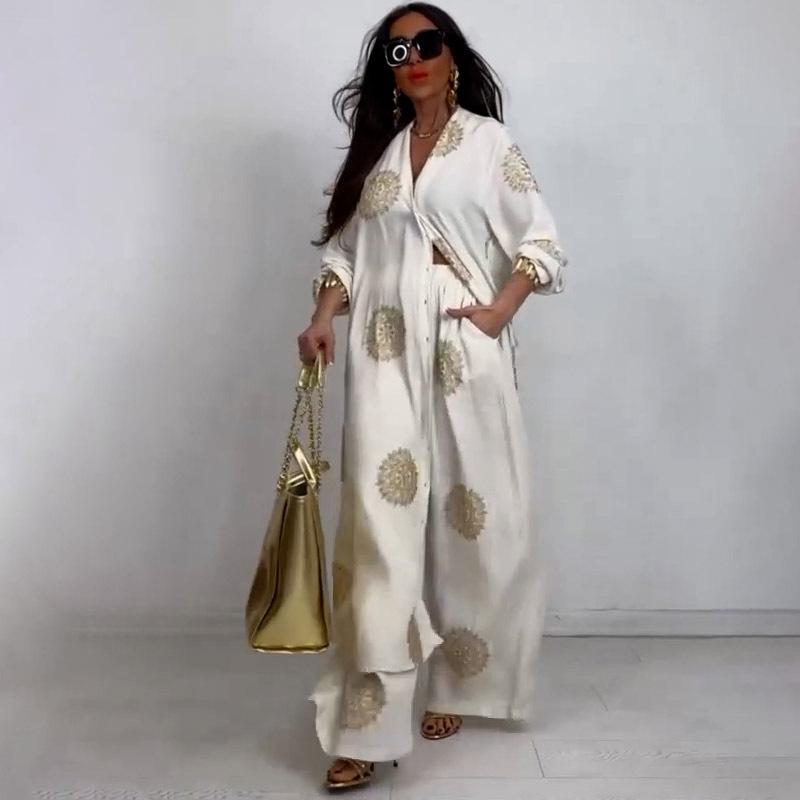 

Women s Loose Long Vintage Printed Robe Set Spring Summer Casual Button Shirt Blouses Wide Legs Pants Oversized Two-piece Outfit 3XL бежевий
