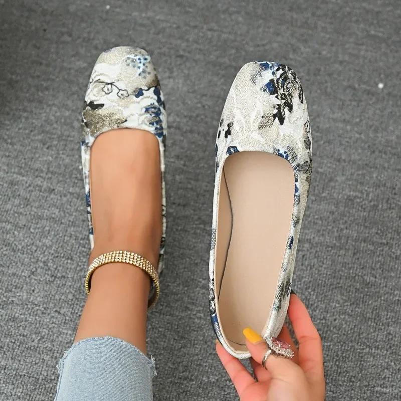 Ladies Shoes Summer 2025 High Quality Fashion Women's Printed Square Toe Flats Soft Sole Casual Shoes Classic Comfortable Shoes
