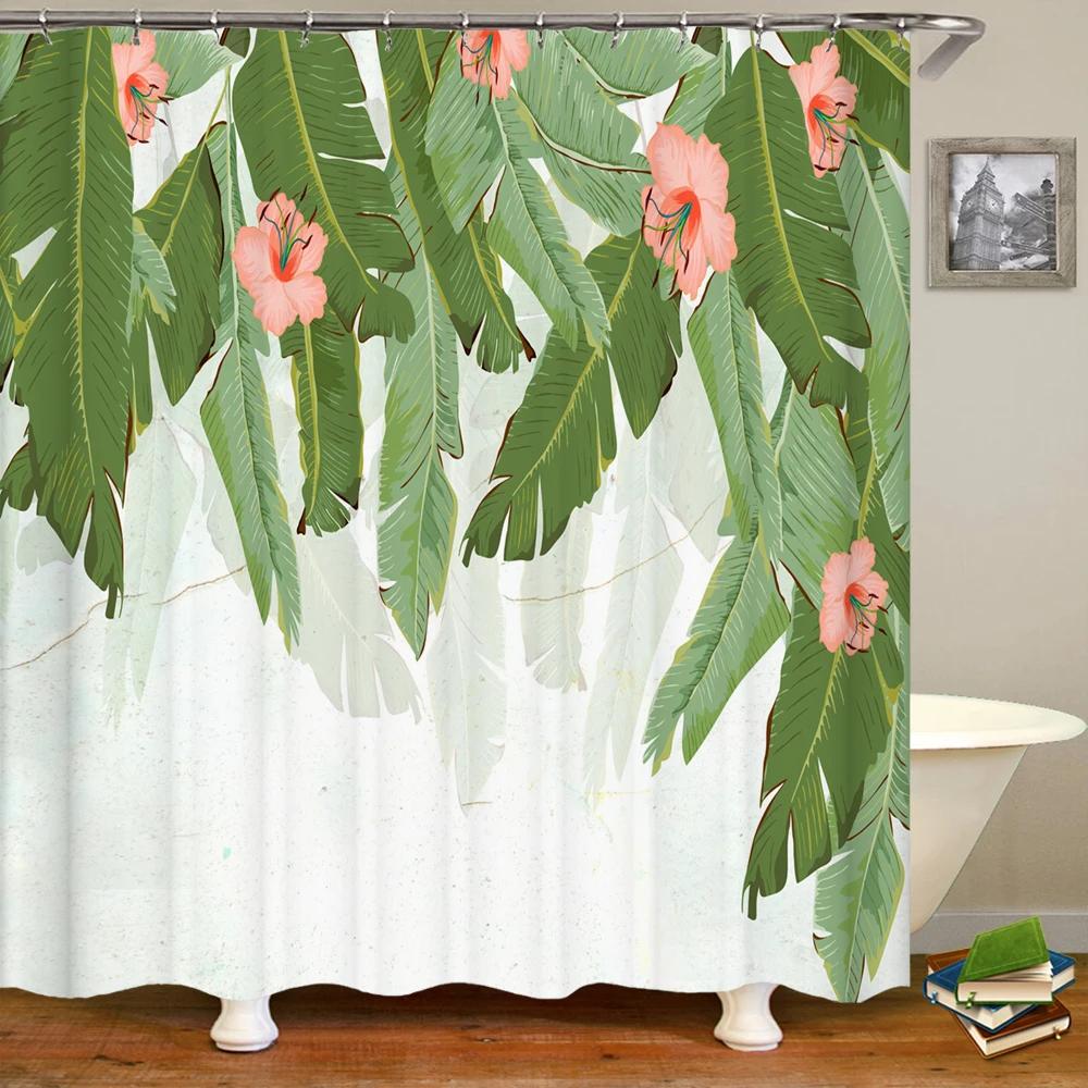 Tropical Plant Leaves Bath Curtain Waterproof Fabric Shower Curtains Colorful Palm Leaf Print Bathtub Screen for Bathroom Decor