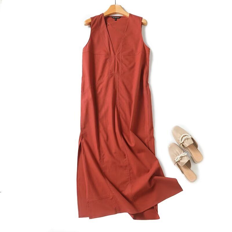 

MD Women clothes Temperament Minimalist Elegant Retro Red Brown White Linen V-neck Dress 06615100701 Reddish Brown L
