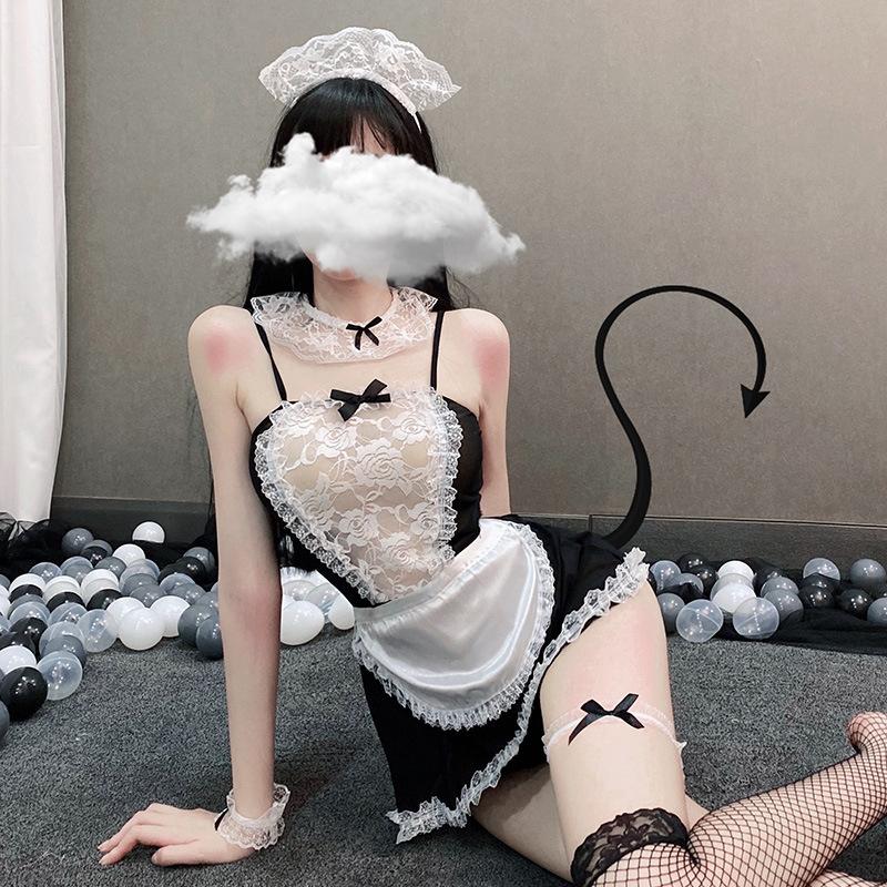 Sexy Lace Suit Hollow Night Fun Lingerie Maid Cosplay Deep V Uniform Sexy Maid Outfit