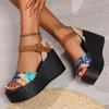 One-word Buckle Wedge Sandals New Wedge Heel Beach Muffin Thick-soled Printed One-word Sandals