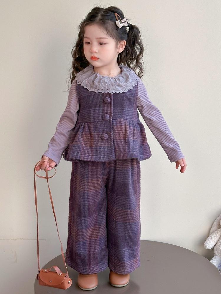 Girls' 2025 Spring Plaid Three-Piece Outfit - Korean-Style Fashion for Baby and Toddlers