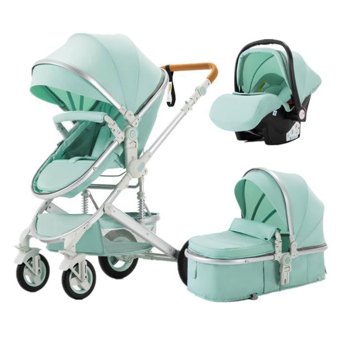 Poussette 3 en 1 Bébé Combinée Siège-Auto Nacelle Trio Réversible Réglable Haute Qualité Roues increvables Canne.Vert
