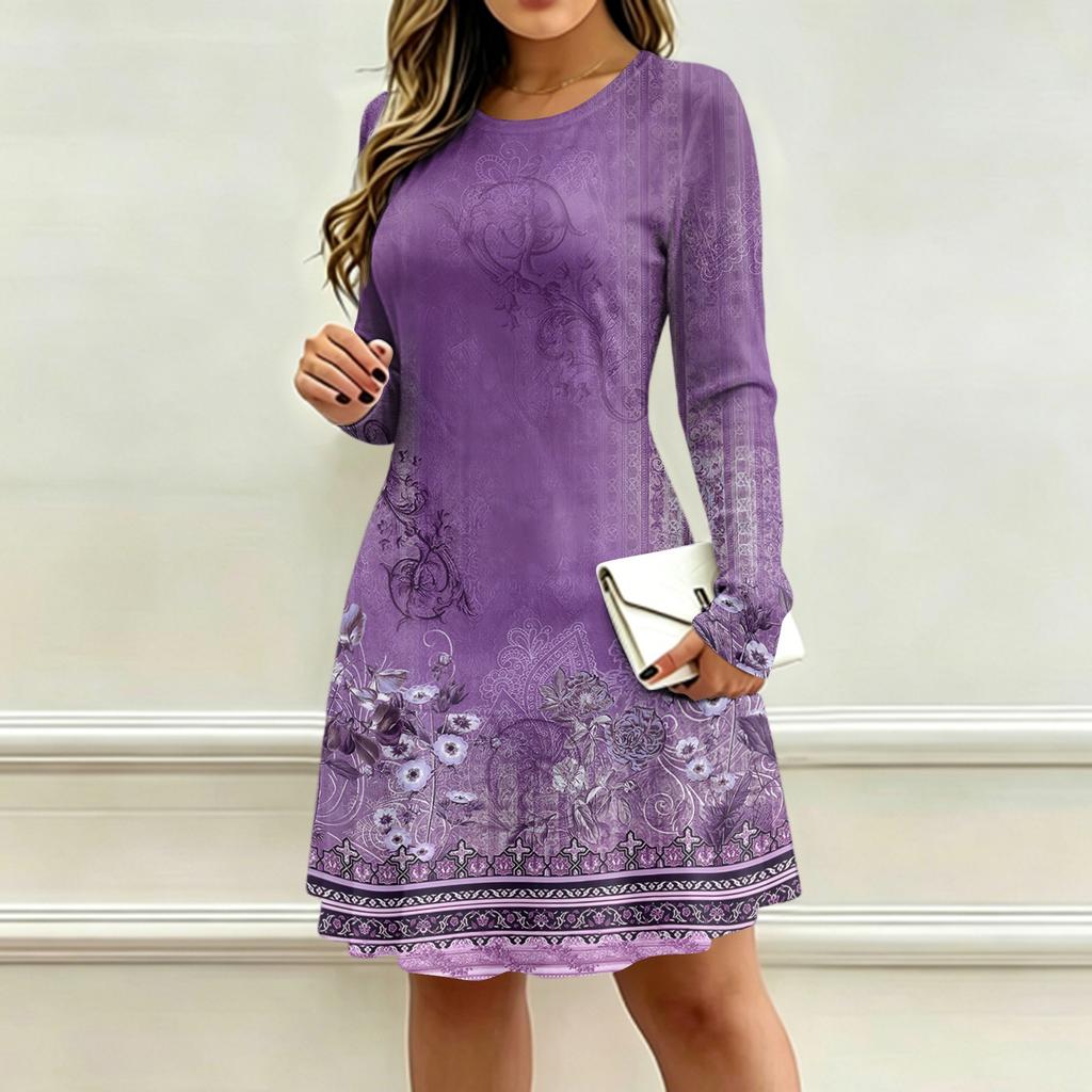 Women's Floral Print Long Sleeve V-Neck Dress with Pockets for Casual Everyday Wear