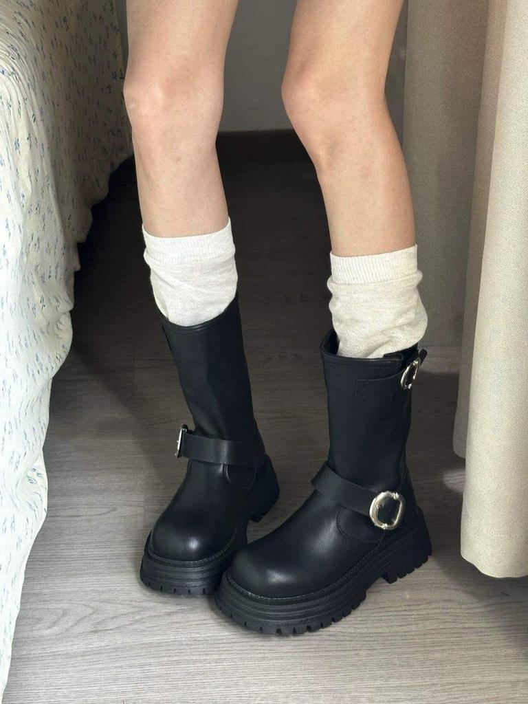 Retro Thick-soled Belt Buckle One-pedal Martin Boots Women's 2025 Autumn New Versatile Height-increasing and Thin Short Boots