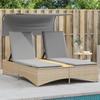 Double Sun Lounger with Canopy and Cushions Beige Poly Rattan