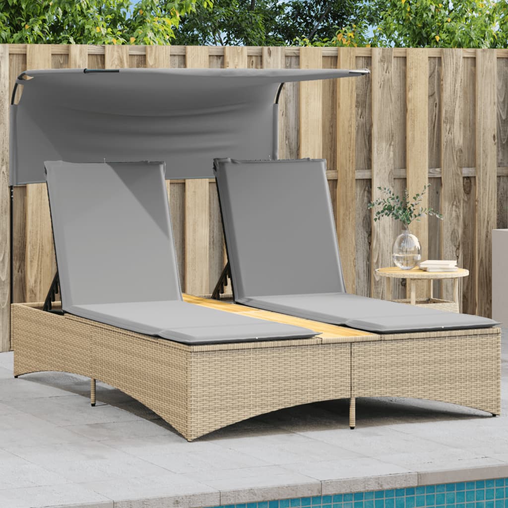 Double Sun Lounger with Canopy and Cushions Beige Poly Rattan