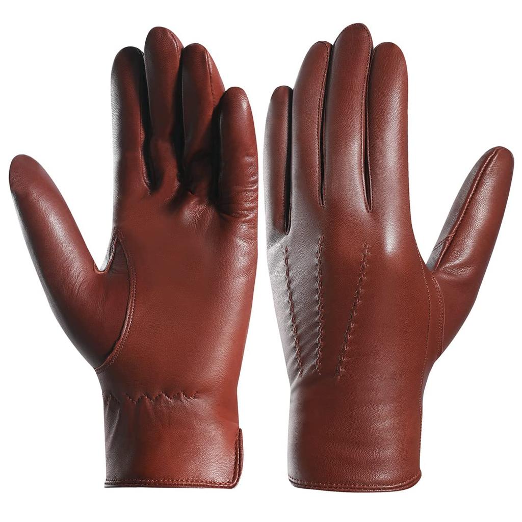 Harssidanzar Luxury Italian Sheepskin Leather Gloves with Cashmere Stitching for Dark Size S Men's Warmth, Brown,