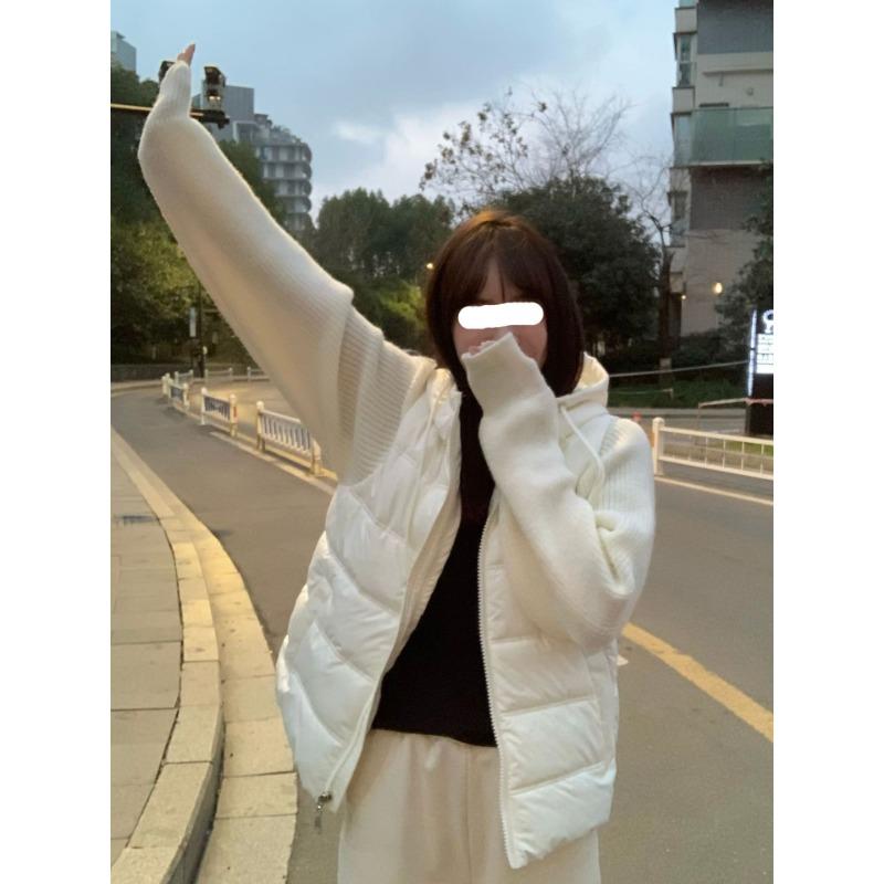 Hooded zipper splicing cotton clothes knitted cardigan spring new loose soft waxy high-end sweater jacket women