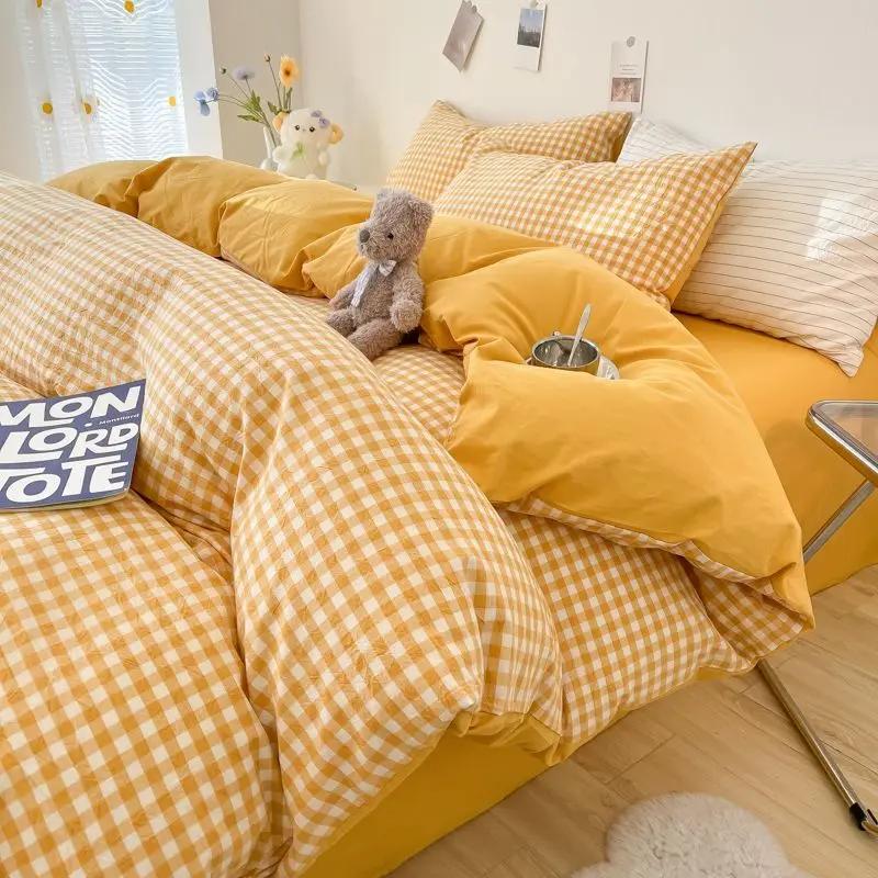 INS Plaid Bedding Set Pink Green Bed Linens Nordic Duvet Cover Pillowcase Queen Size Flat Sheet Adults Kids Bedclothes