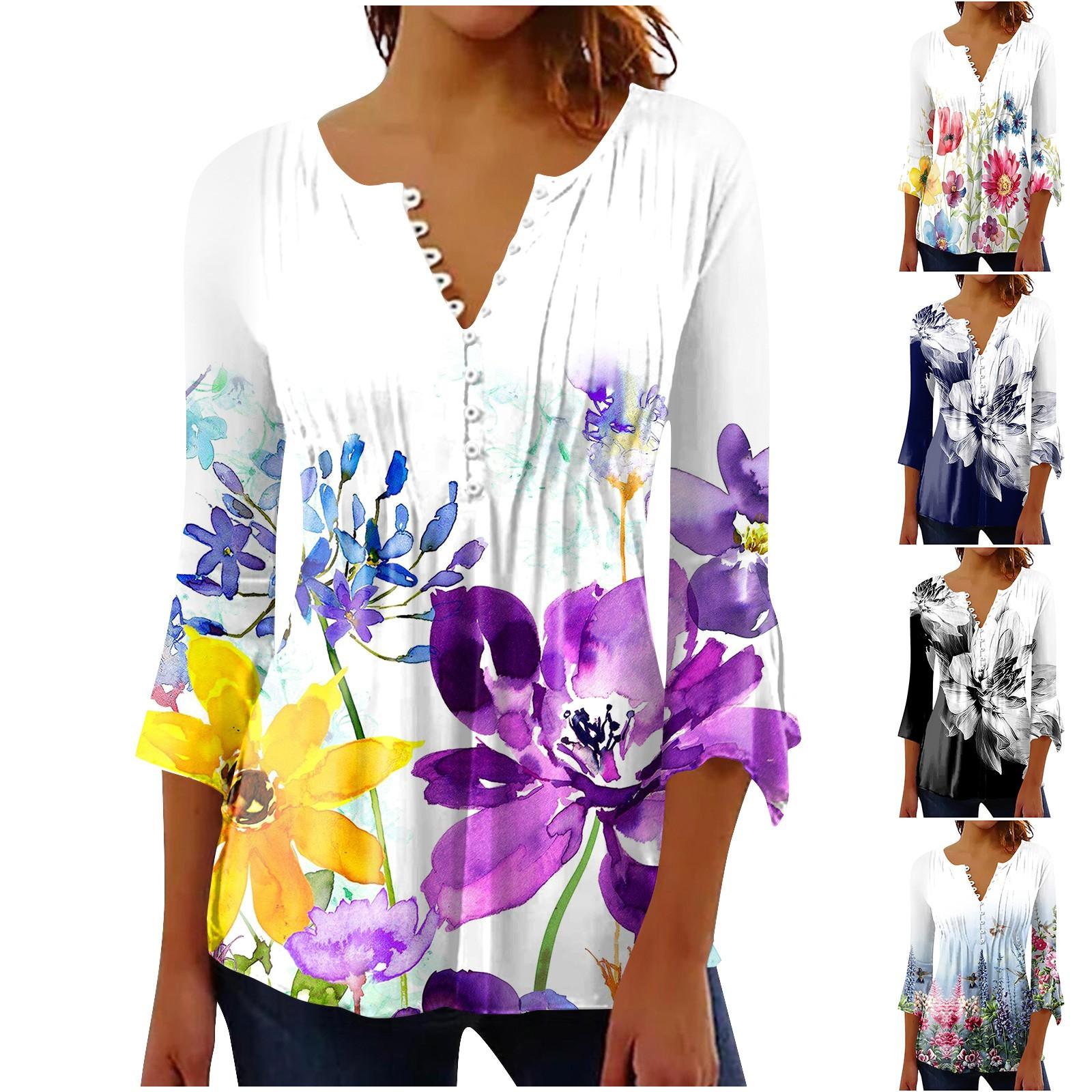 

Рубашки на пуговицах для женщин, туника с принтом, летние топы, нарядные повседневные весенние блузки с рукавом 3/4 и v-образным вырезом