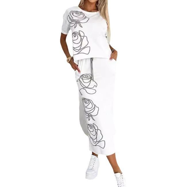 Women's Sets Printed Short-sleeved Round Neck T-shirt Half-length Skirt Two-piece Set