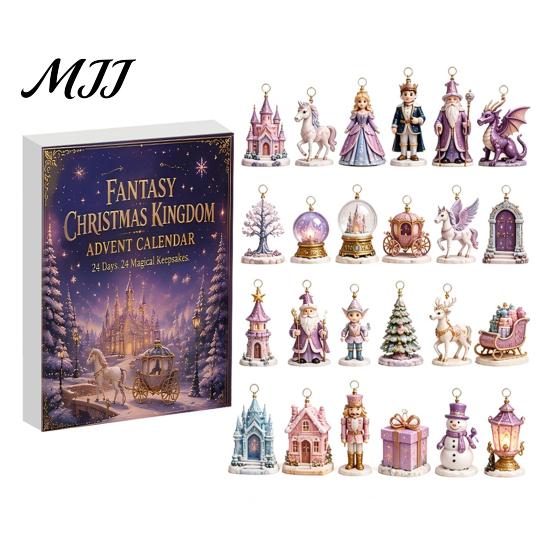 Advent Calendar Fantasy Box with 24 Mini Acrylic 2D Ornaments, Christmas Countdown Unique Collection Items Desktop Micro Landscape Decoration,