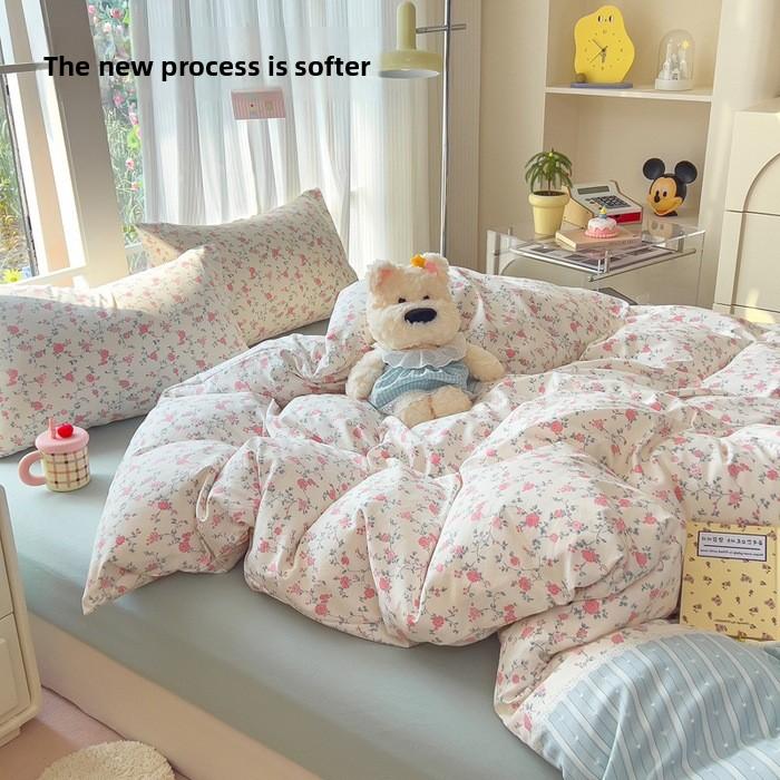 A-class cotton wash set, four-piece set with double-layered gauze bedsheet, duvet cover, and bed skirt, suitable for all seasons