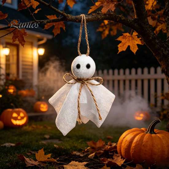 Halloween Branch Hanging Ornaments Ghost Ornament, 4 Inch Small Doll Decoration with Jute Rope, Fabric Yard Decor Farmhouse Rustic Cloth for