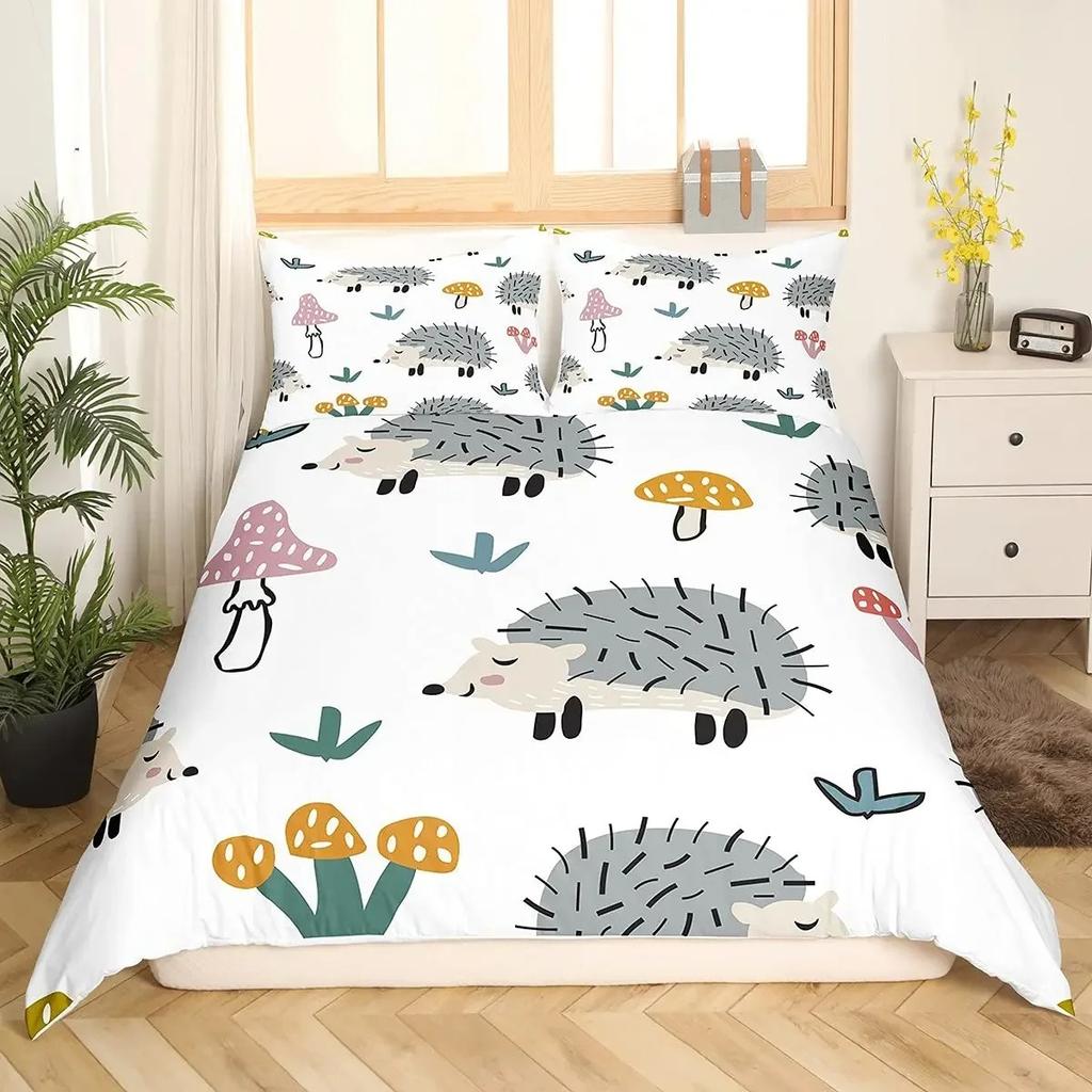 Hedgehog Duvet Cover Mushroom For Boys Teens Cute Cartoon Wild Animal Pinecone Tree Leaf Quilt Cover Autumn Leaves Room Decor