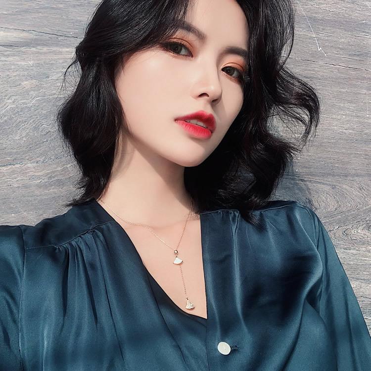 C105 Korean Minimalist Ginkgo Necklace High-End Light Luxury Fan-Shaped Full Diamond Niche Socialite Style Choker Collarbone Chain