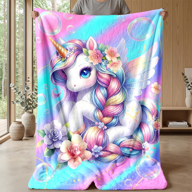 Colorful Unicorn and Rainbow Blanket Personalized Name Flannel Blanket Soft Cozy Plush Throw for Sofa Bed Lightweight Home Decor