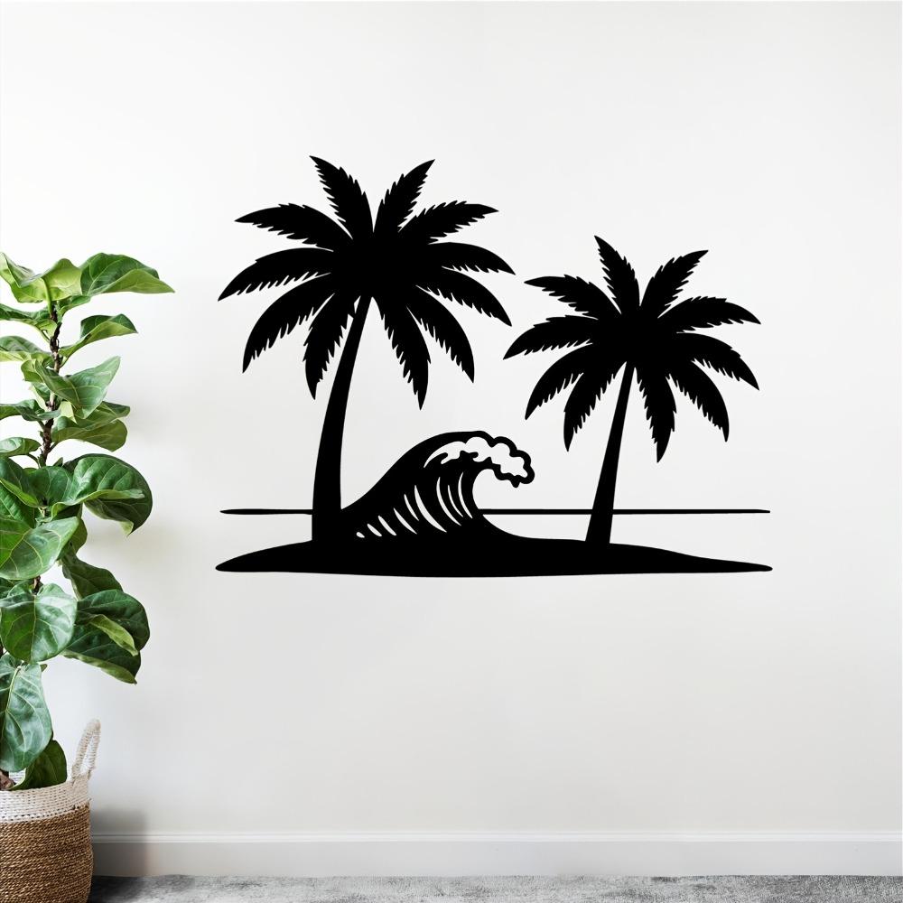 1pc Palm Tree Wave Metal Wall Art, Tropical Coastal Iron Statue for Outdoor Patio Garden Fence, Beach Theme Summer Vacation Decor, Weather Resistant