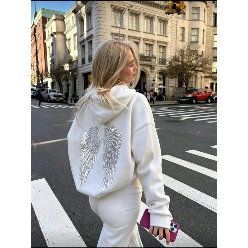 Women's Hoodies Autumn and Winter Solid Color Wing Beads Embroidered Casual Loose Women's Sweatshirts New Fashion Streetwear Office Lady Hooded Tops