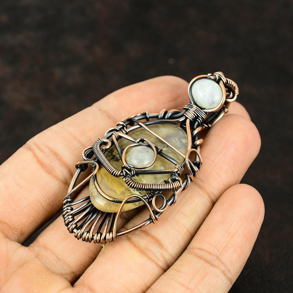 Evil Eye Plume Agate Copper Wire Wrapped Pendant Moonstone Copper Jewelry Handmade Pendant Moonstone Pendant Evil Eye Jewelry Gift For Mom