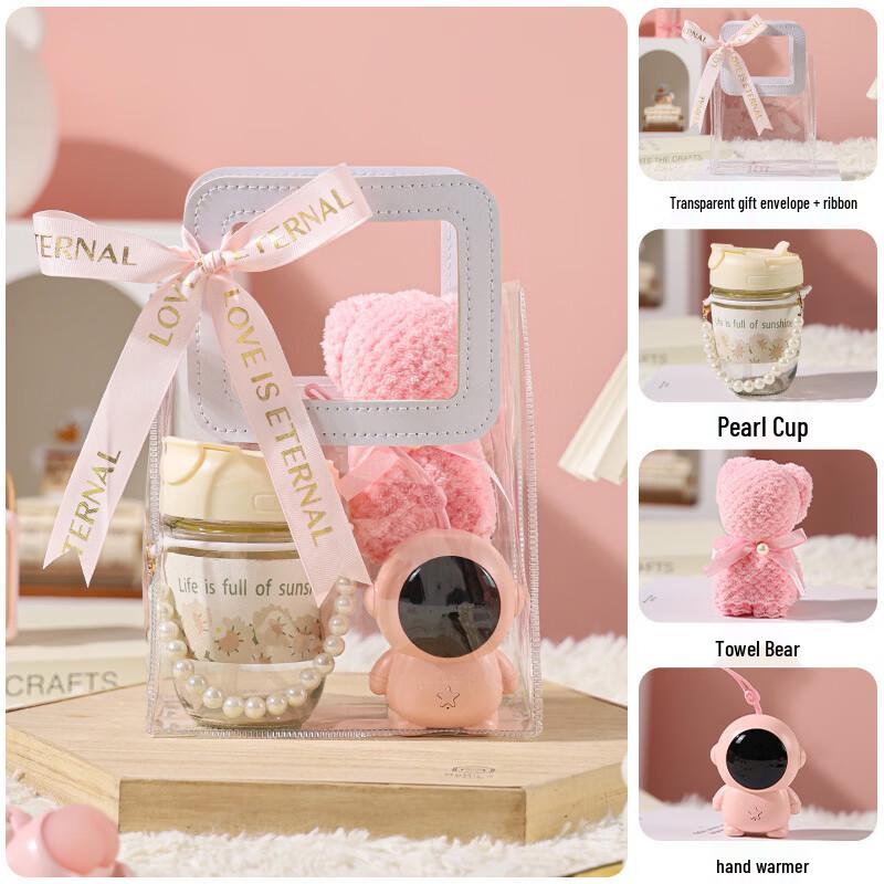 Pink Gift Set with Pearl Glass Cup, Towel Bear & Hand Warmer