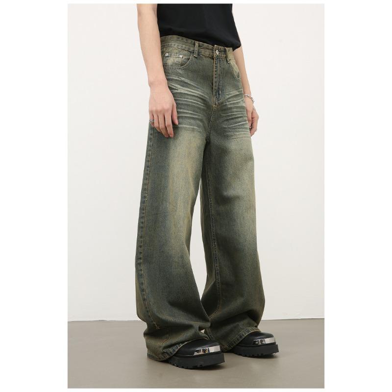 Dlouhé kalhoty Vintage zelené prané džíny Pánské spadlé volné rovné široké nohavice Rovné volné džíny pro muže Módní a pohodlné kalhoty