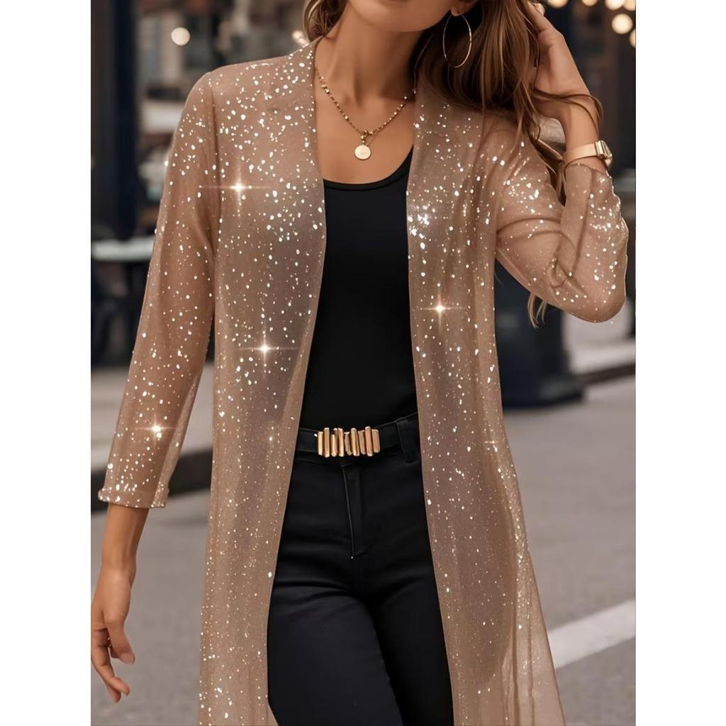 New Women's Elegant Shiny Mesh 3/4 Sleeve Open Cardigan, Fashion Casual Spring Summer Top for Women, European American Style
