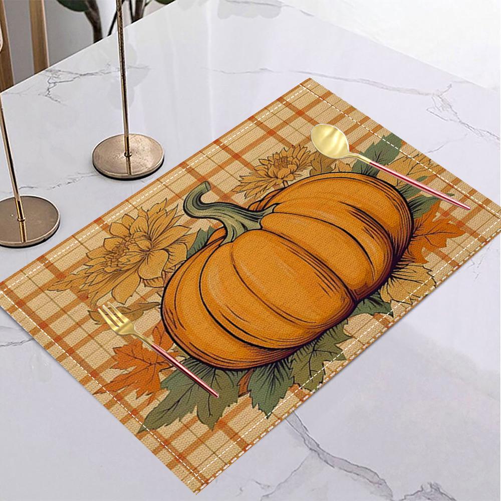 Fall Harvest Table Mat Plaid Pumpkin Gnome Maple Leaf Placemat for Thanksgiving Dinner Fall Party Holiday Table Home Decor