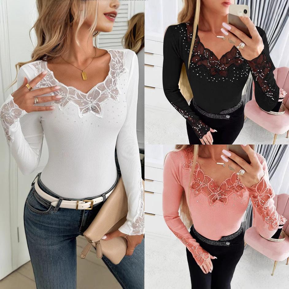 

Pure Color Collar and Cuffs Splicing Lace Lace Hot Drilling Long Sleeve T-Shirt Tops for Women Versatile Closet Essential Fashion Items Shirt XXL чорний