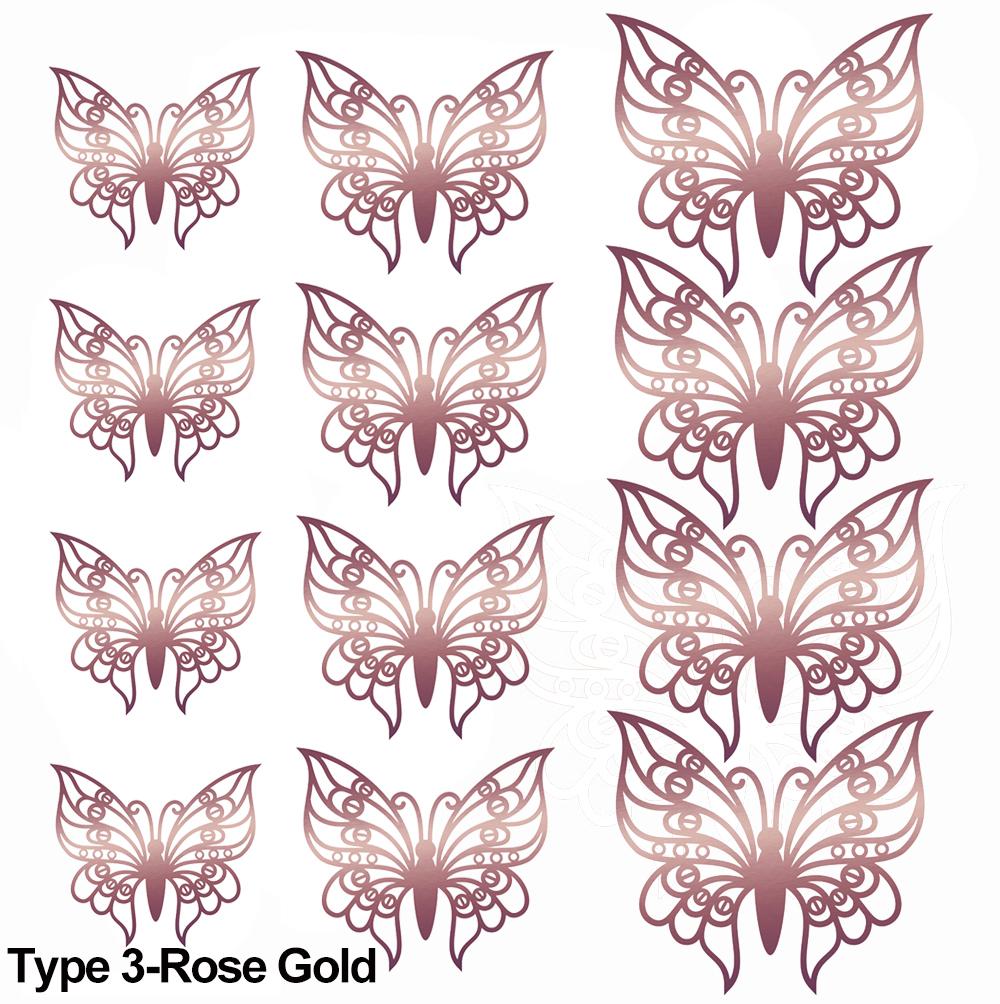12Pcs/Pack 3D Hollow Out Butterfly Stickers Gold/Silver/Rosegold Mirror Decals Metal Texture Wall Art Wedding Party Supplies