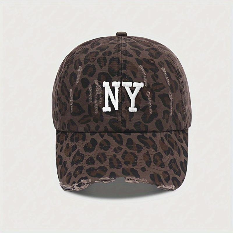 Embroidered NY Distressed Leopard Print Baseball Cap, Breathable Adjustable Golf Summer Fashion Curved Brim Hat, Lightweight Polyester, Toggle Closure