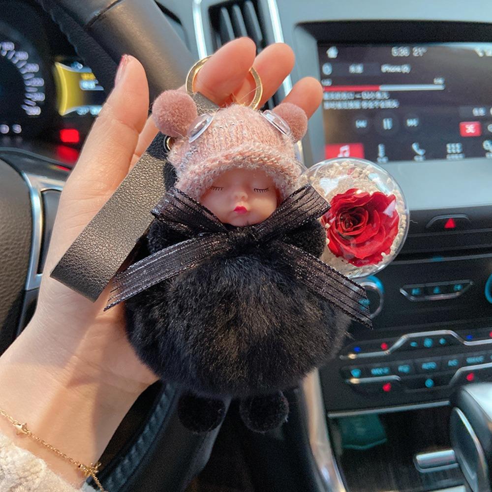 Pompom Fluffy Plush Doll Cute Flower Car Key Ring Keyholder Sleeping Baby Keychain  Jewelry Gift