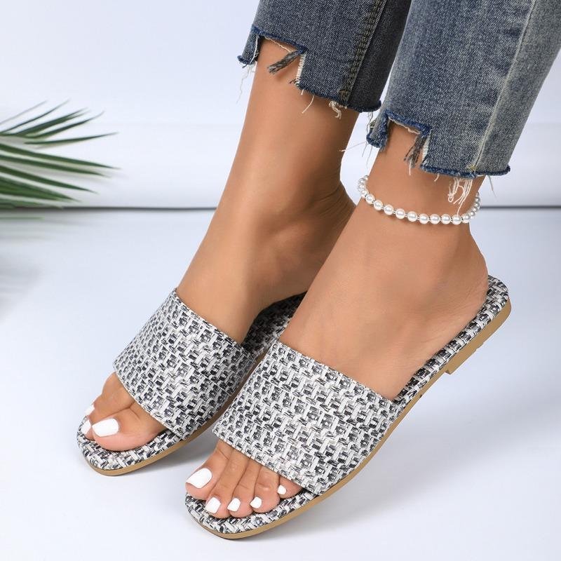Large Size Woven Slippers with One Word for Women, Light Beach Cool Slippers Sandals
