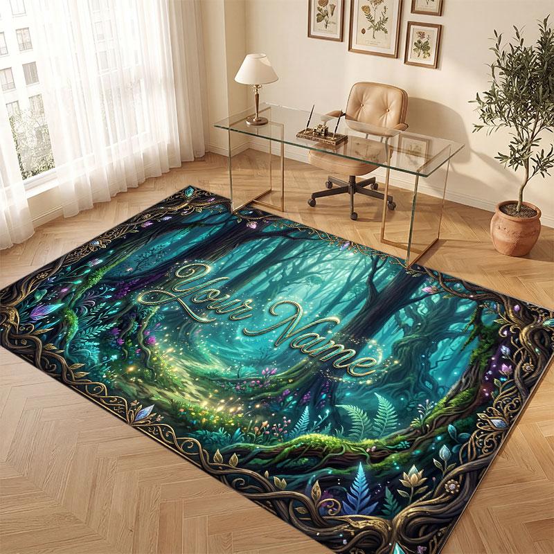 Mushroom Forest Theme Crystal Velvet Floor Rug Personalized Custom Name Text Warm Carpet Home Decoration