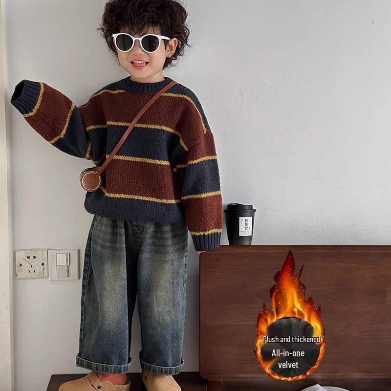 

2025 New Boys and Girls Fleece-Lined Wide-Leg Jeans: Spring/Autumn Pants for Small and Medium Children 120 (Height 108-118cm)