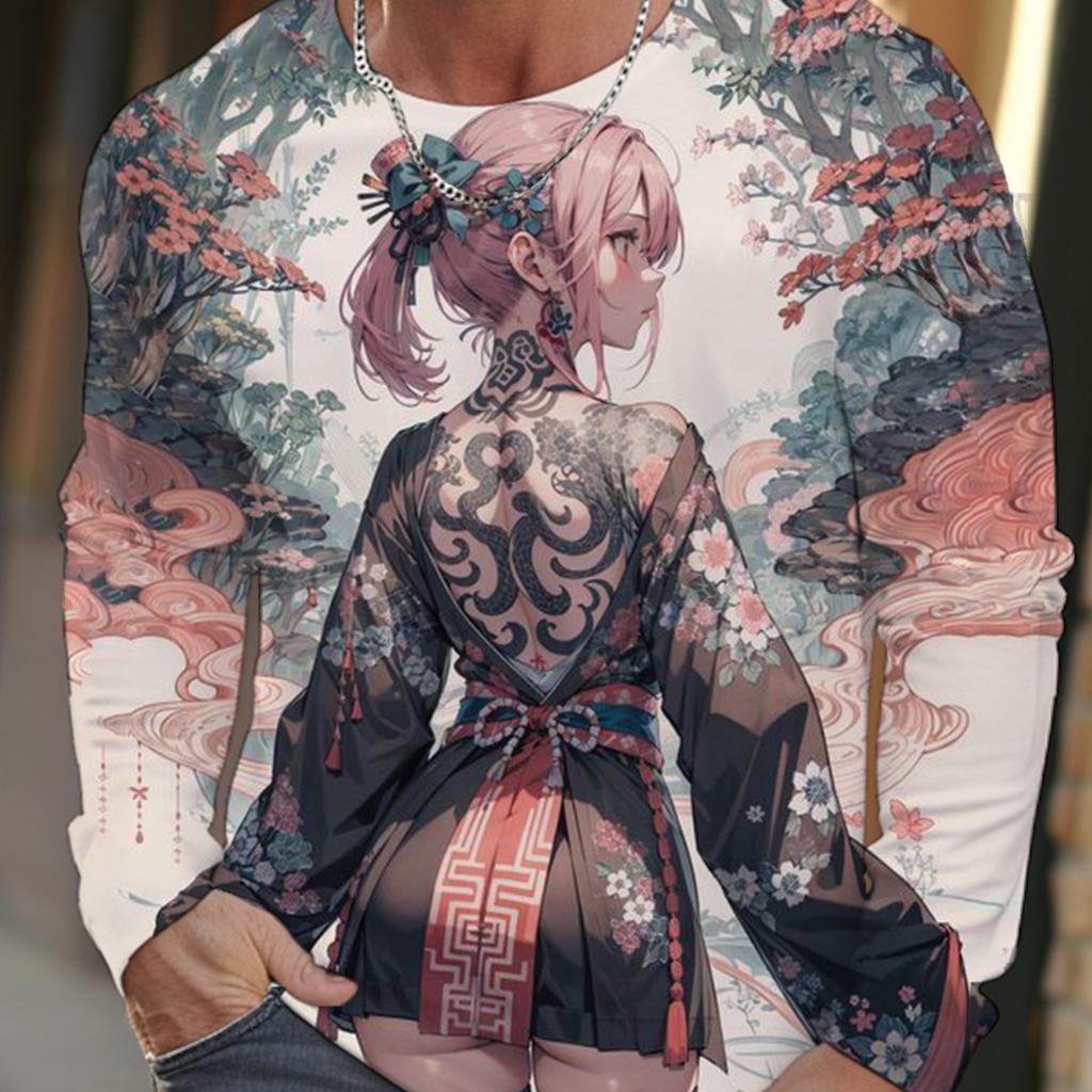 2024 New Men's Long-sleeved T-shirt 3D Printing HD Anime Tattoo Beauty Printing Men's Autumn Tops Casual Round Neck Home Clothes