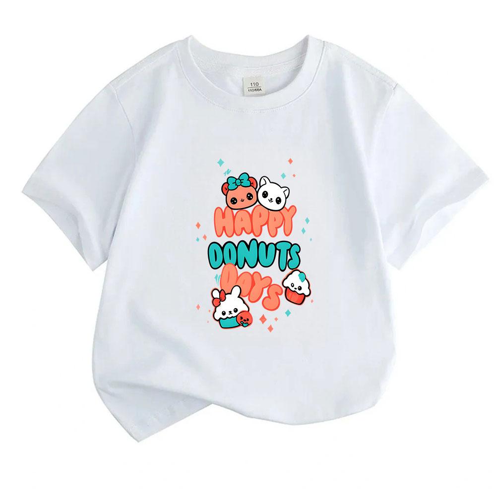 Cute Kawaii Happy Donuts Cartoon Print Kids T Shirt 100% Cot