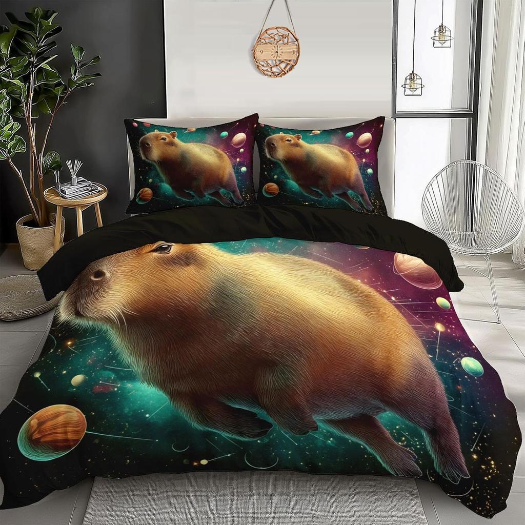 Bedding Capybara Duvet Cover Set 3D Printed Microfiber Cute Animals Quilt Cover Pillowcase Bed Cover Zipper Closure 2 Pieces